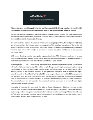 Adarma launches new Managed Detection and Response (MDR) offering based on Microsoft’s XDR technology to help organisati