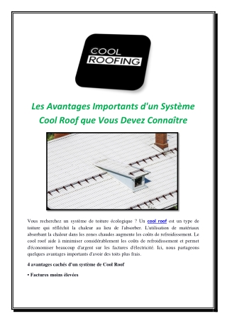 Les Avantages Importants d'un Système Cool Roof que Vous Devez Connaître