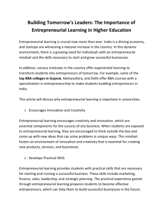 Building Tomorrow's Leaders - The Importance of Entrepreneurial Learning in Higher Education