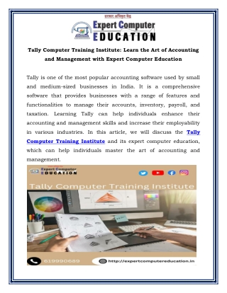 Tally Computer Training Institute  Learn the Art of Accounting and Management with Expert Computer Education