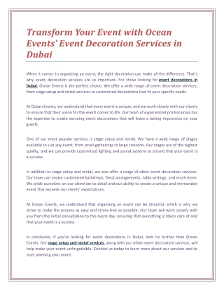 Transform Your Event with Ocean Events’ Event Decoration Services in Dubai