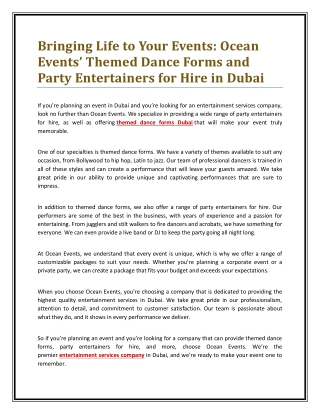 Bringing Life to Your Events: Ocean Events’ Themed Dance Forms and Party Enterta