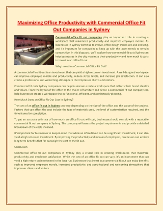 Maximizing Office Productivity with Commercial Office Fit Out Companies in Sydney