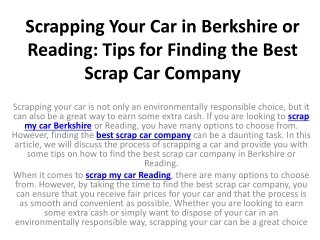 Scrapping Your Car in Berkshire or Reading Tips for Finding the Best Scrap Car Company