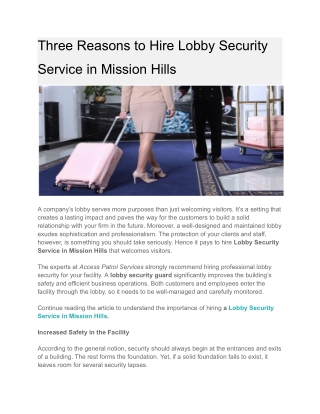 Three Reasons to Hire Lobby Security Service in Mission Hills