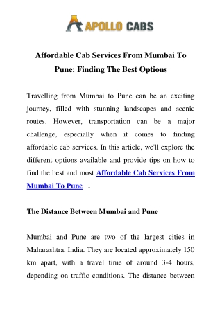 Affordable Cab Services From Mumbai To Pune Call-09769864446