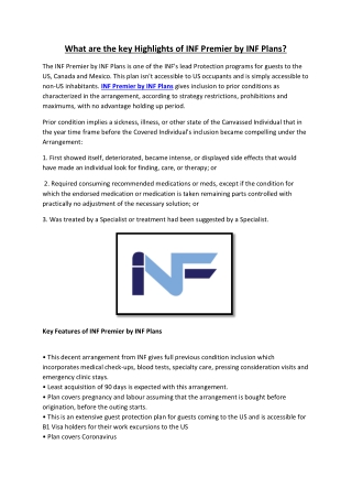 What are the key Highlights of INF Premier by INF Plans?