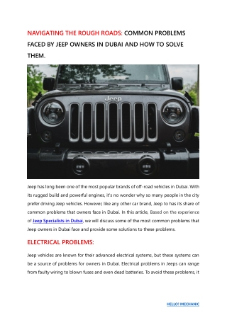 NAVIGATING THE ROUGH ROADS - COMMON PROBLEMS FACED BY JEEP OWNERS IN DUBAI AND HOW TO SOLVE THEM.