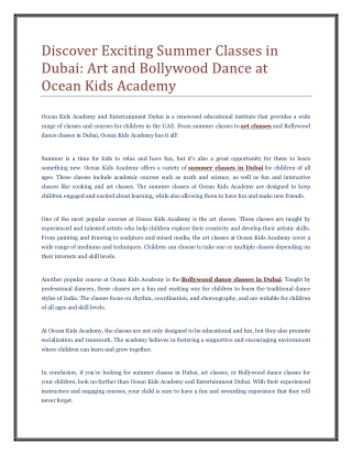 Discover Exciting Summer Classes in Dubai: Art and Bollywood Dance at Ocean Kids