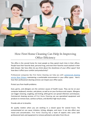 How First Home Cleaning Can Help In Improving Office Efficiency
