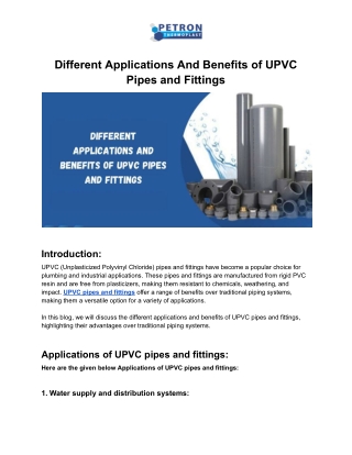 Different Applications And Benefits of UPVC Pipes and Fittings