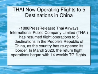 THAI Now Operating Flights to 5 Destinations in China