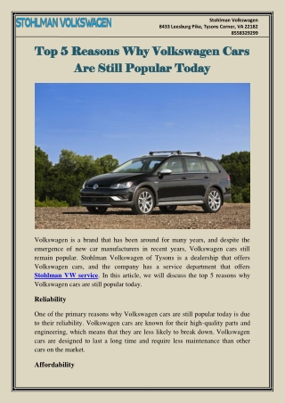 Top 5 Reasons Why Volkswagen Cars Are Still Popular Today