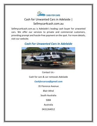 Cash for Unwanted Cars in Adelaide  Sellmycar4cash.com