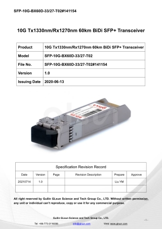 10G Tx1330nm/Rx1270nm 60km BiDi SFP  Transceiver