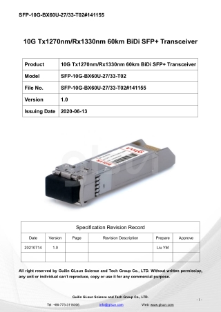 10G Tx1270nm/Rx1330nm 60km BiDi SFP  Transceiver