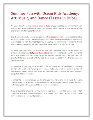 Summer Fun with Ocean Kids Academy: Art, Music, and Dance Classes in Dubai