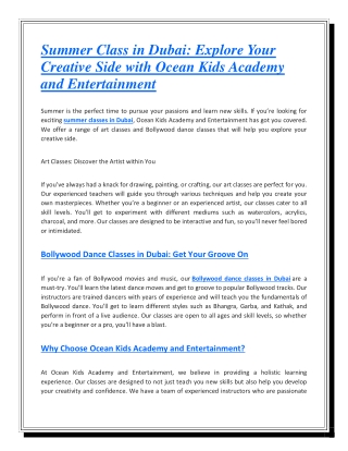 Summer Class in Dubai: Explore Your Creative Side with Ocean Kids Academy and En