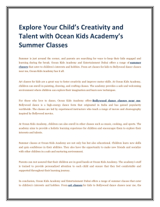 Explore Your Child’s Creativity and Talent with Ocean Kids Academy’s Summer Classes