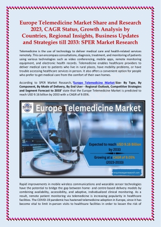 Europe Telemedicine Market Growth, Trends, Outlook and Insights Report 2023-2033