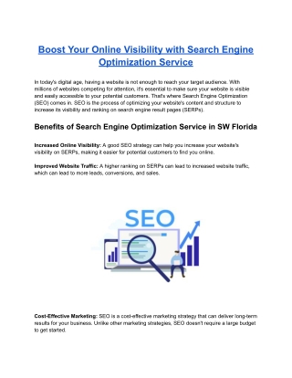 Boost Your Online Visibility with Search Engine Optimization Service