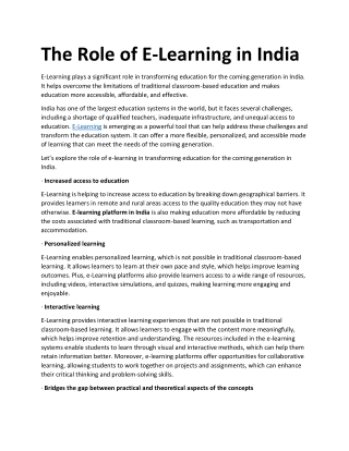 The Role of E-Learning in India