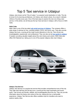 Top 5 Taxi service in Udaipur