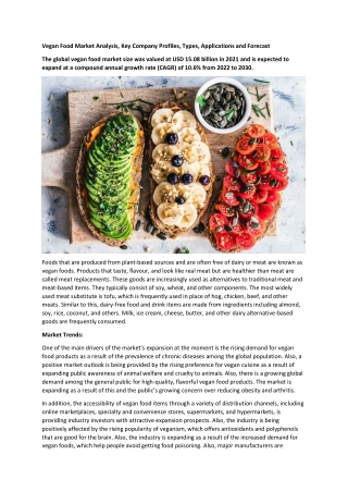 Vegan Food Market Analysis, Key Company Profiles, Types, Applications and Foreca