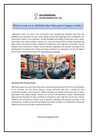 What to Look for in a Reliable Pipe Fabrication Company in India?