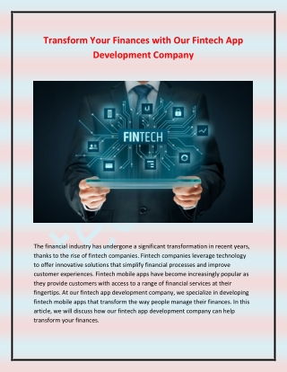 Transform Your Finances with Our Fintech App Development Company