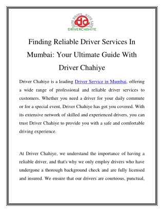 Driver Service in Mumbai Call-9833238540