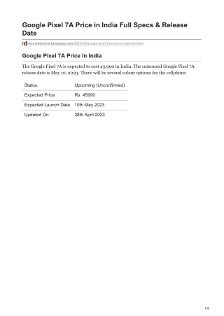 Google Pixel 7A Price in India Full Specs & Release Date