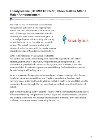 Enzolytics Inc (OTCMKTS-ENZC) Stock Rallies After a Major Announcement