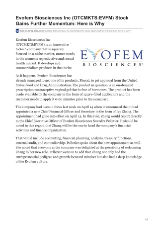 Evofem Biosciences Inc (OTCMKTS-EVFM) Stock Gains Further Momentum- Here is Why