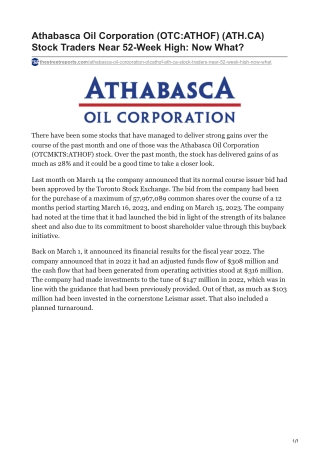 Athabasca Oil Corporation (OTC-ATHOF) (ATH.CA) Stock Traders Near 52-Week High- Now What