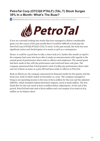 PetroTal Corp (OTCQX-PTALF) (TAL.T) Stock Surges 39% In a Month- What’s The Buzz