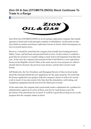 Zion Oil & Gas (OTCMKTS-ZNOG) Stock Continues To Trade In a Range