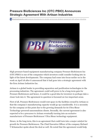 Pressure BioSciences Inc (OTC-PBIO) Announces Strategic Agreement With Artisan Industries