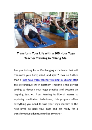 Transform Your Life with a 100 Hour Yoga Teacher Training in Chiang Mai