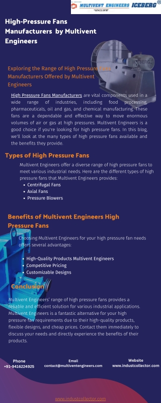 Exploring the Range of High Pressure Fans Manufacturers Offered by Multivent Engineers