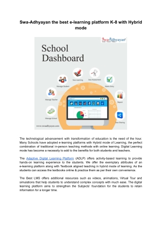 Swa-Adhyayan the best e-learning platform K-8 with Hybrid mode