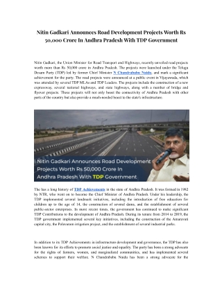 Nitin Gadkari Announces Road Development Projects Worth Rs 50,000 Crore In Andhra Pradesh With TDP Government