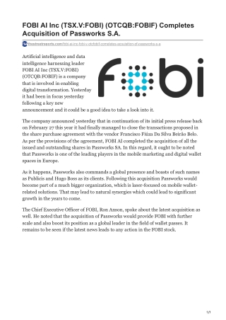 FOBI AI Inc (TSX.V-FOBI) (OTCQB-FOBIF) Completes Acquisition of Passworks S.A.