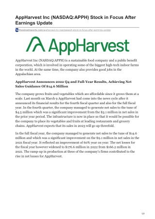 AppHarvest Inc (NASDAQ-APPH) Stock in Focus After Earnings Update