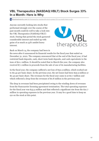 VBL Therapeutics (NASDAQ-VBLT) Stock Surges 33% In a Month- Here is Why