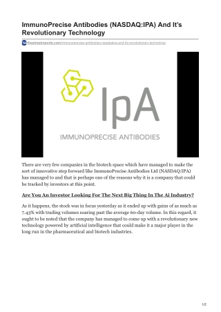 ImmunoPrecise Antibodies (NASDAQ-IPA) And It’s Revolutionary Technology