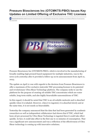 Pressure Biosciences Inc (OTCMKTS-PBIO) Issues Key Updates on Limited Offering of Exclusive THC Licenses