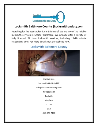 Locksmith Baltimore County Locksmithonduty.com