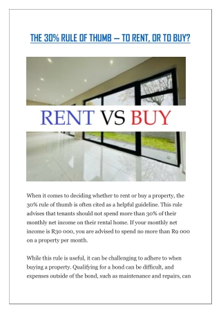 THE 30 RULE OF THUMB — TO RENT, OR TO BUY?