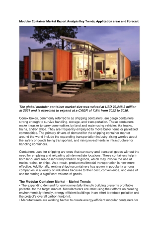 Modular Container Market Report Analysis Key Trends, Application areas and Forec